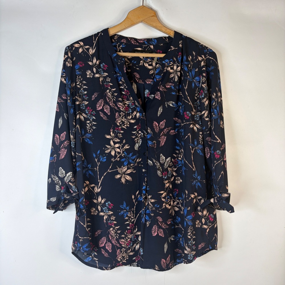 Ivanka Trump Blouse Women XL Navy Blue Floral Split Neck Tie Cuff Top